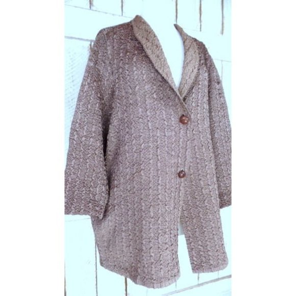 Vintage taupe beige brown crinkle oversized cardigan shirt top - Picture 3 of 7